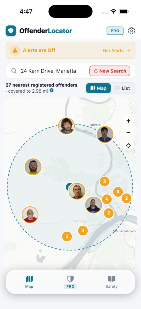 Offender Locator map showing registered offenders around a searched address