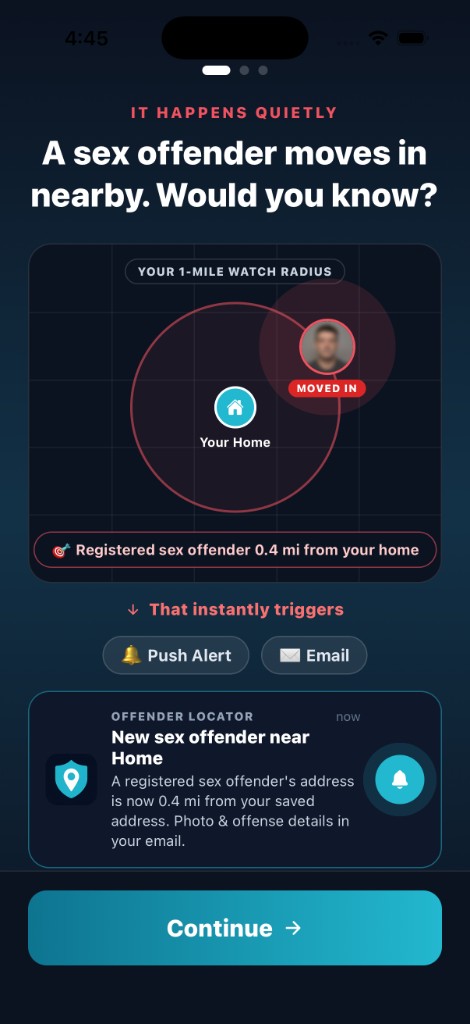 Offender Locator alert demo: a sex offender moves in near your home and triggers a push and email alert