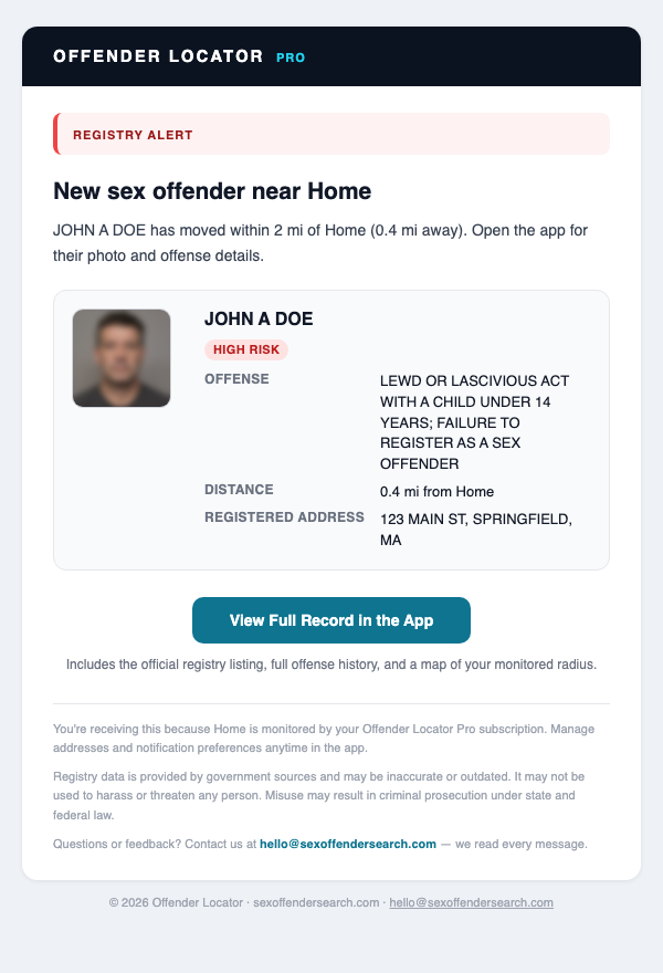 Example Offender Locator alert email showing offender name, photo, offense and distance