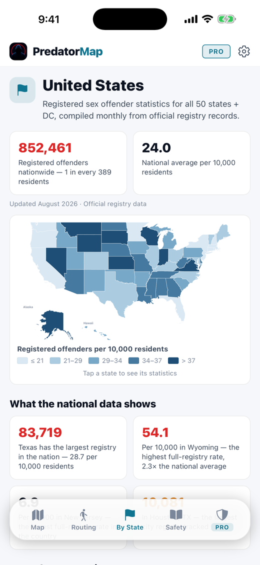 Registry statistics for all 50 states and DC with a national heat map of offenders per capita