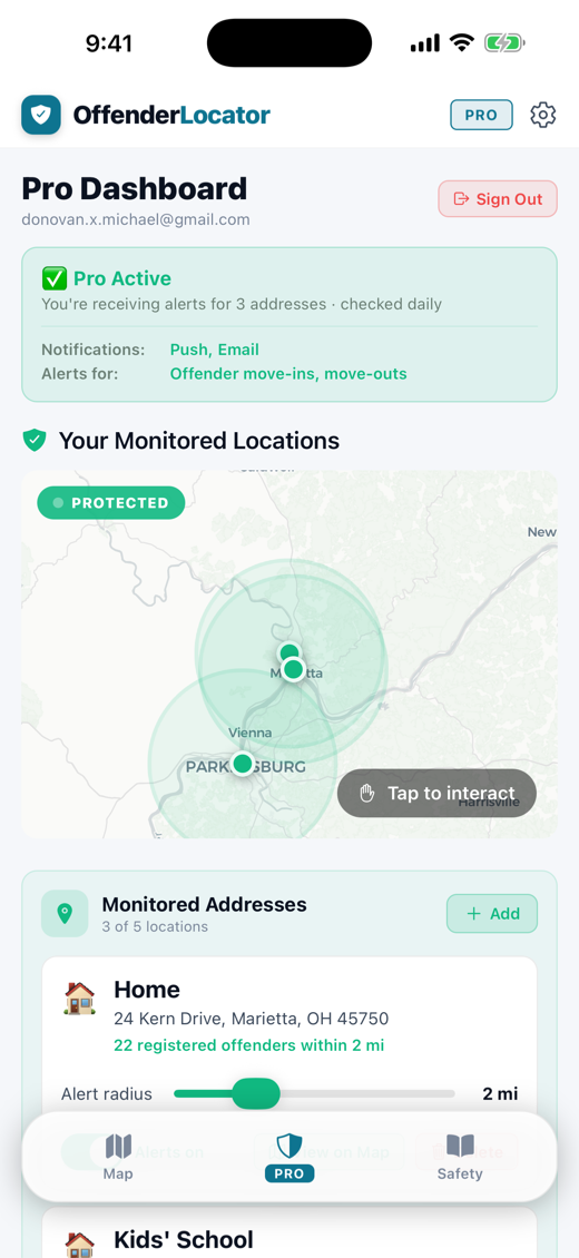 Pro Dashboard monitoring three addresses with daily registry checks