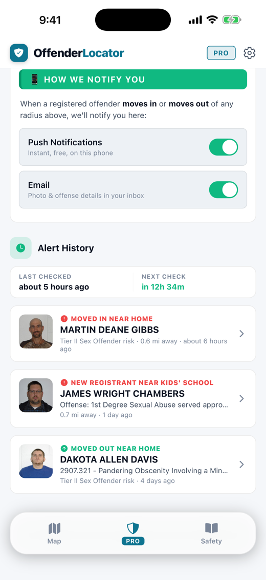 Alert history logging every move-in and move-out with the offender's photo, offense, and distance, plus last-checked monitoring status