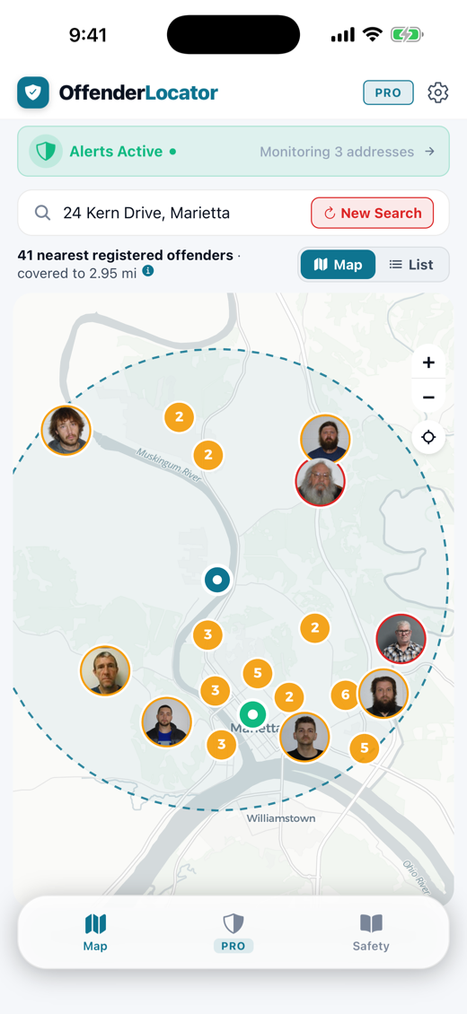 Interactive map showing 41 registered offenders around a searched address with photo pins