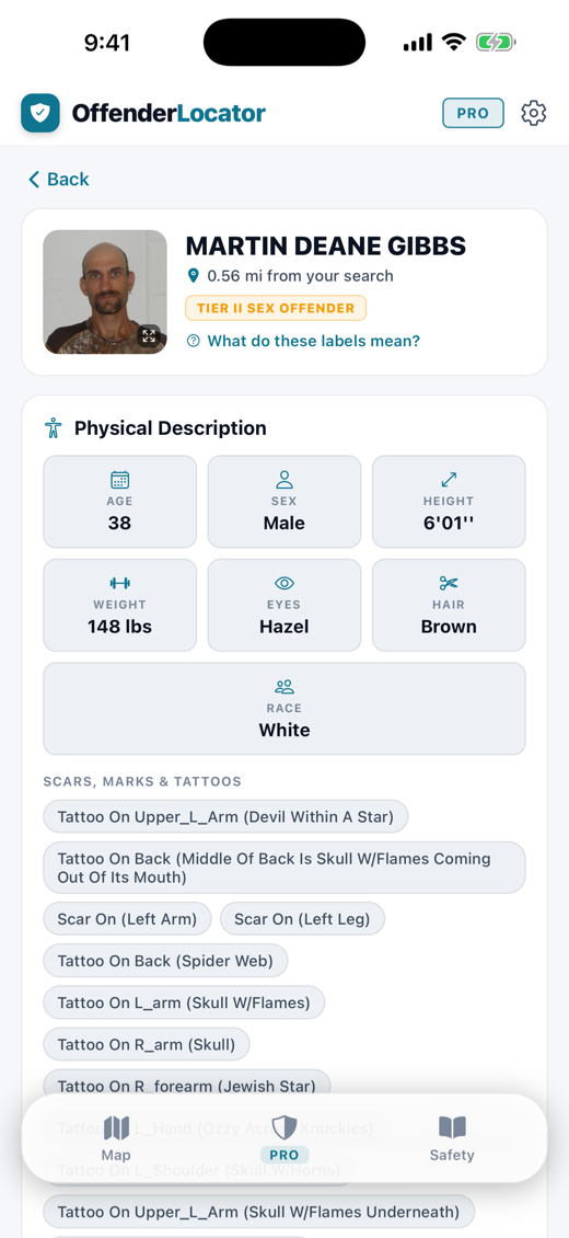 Full offender profile with photo, tier badge, and physical description