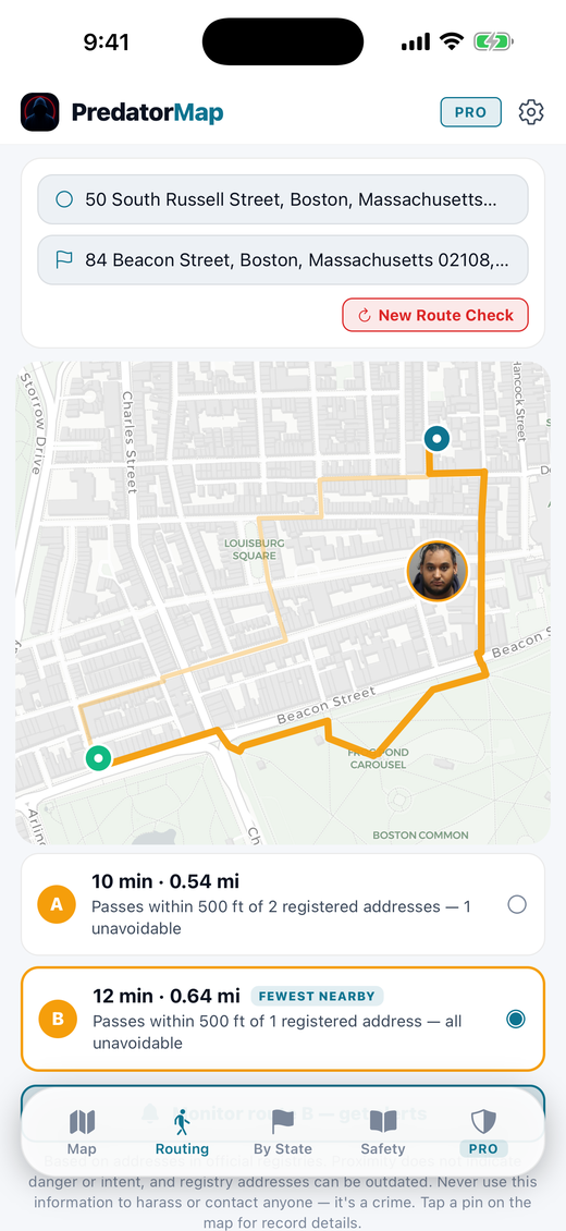Walking route check comparing two routes on a map with how many registered addresses each passes within 500 feet