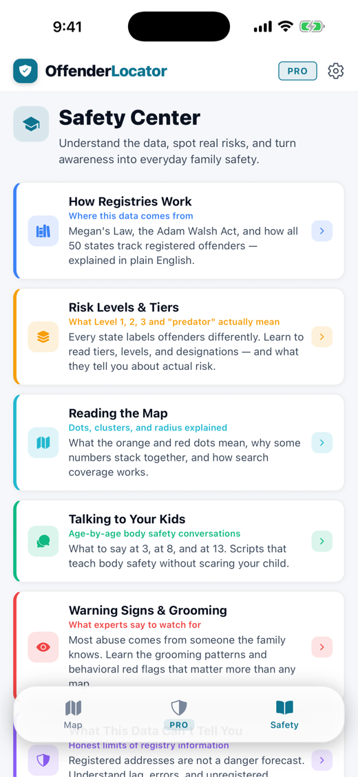Safety Center with family safety guides and registry education
